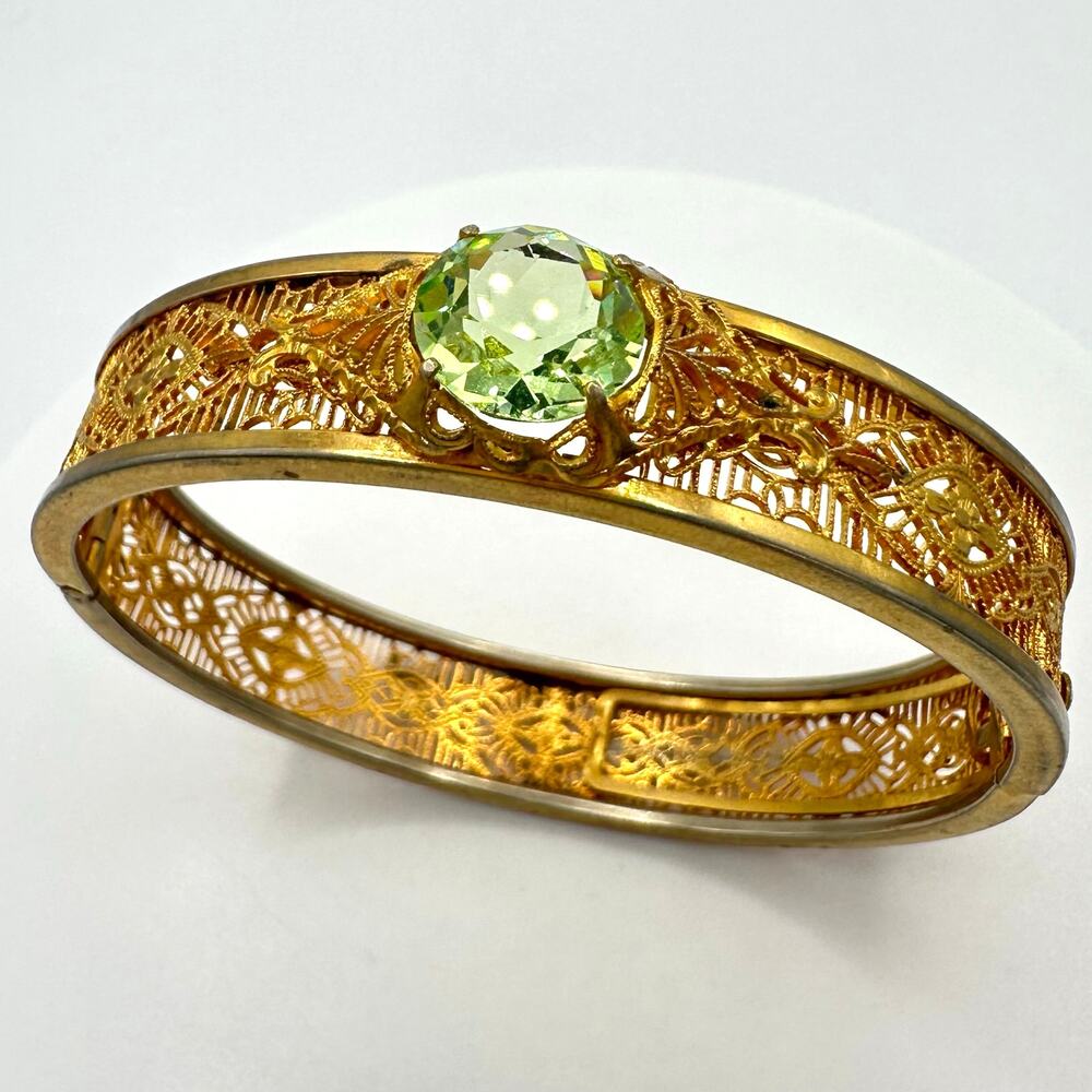 Antique Art Deco gold plated filigree Czech green uranium glass bangle bracelet